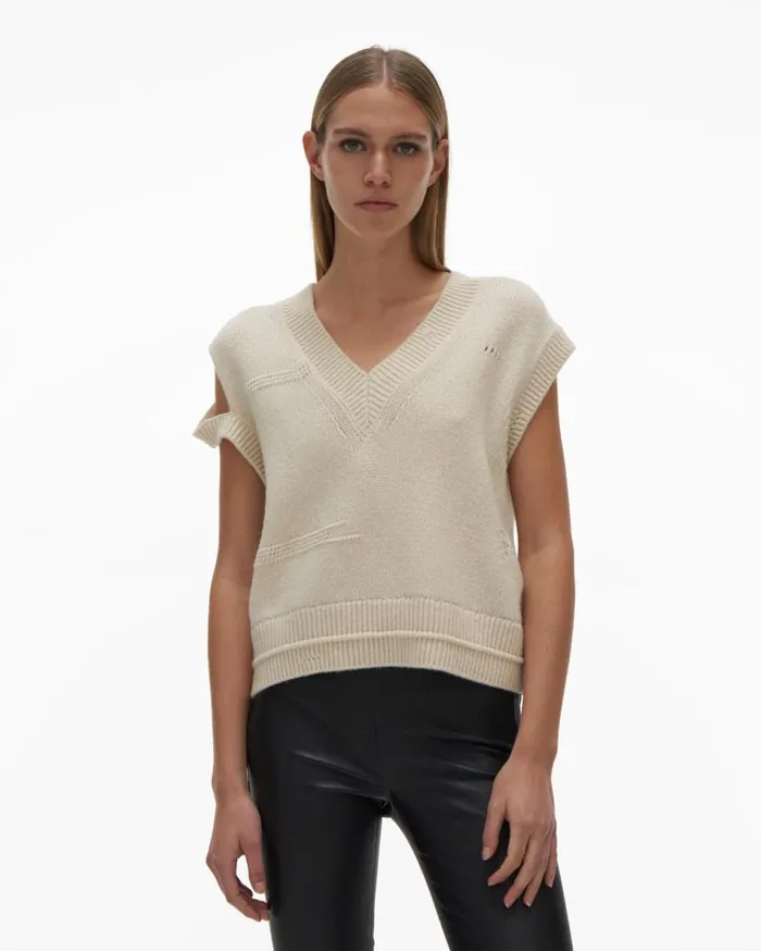 Sweaters Women Helmut Lang Distressed VNeck Sweater Ivory