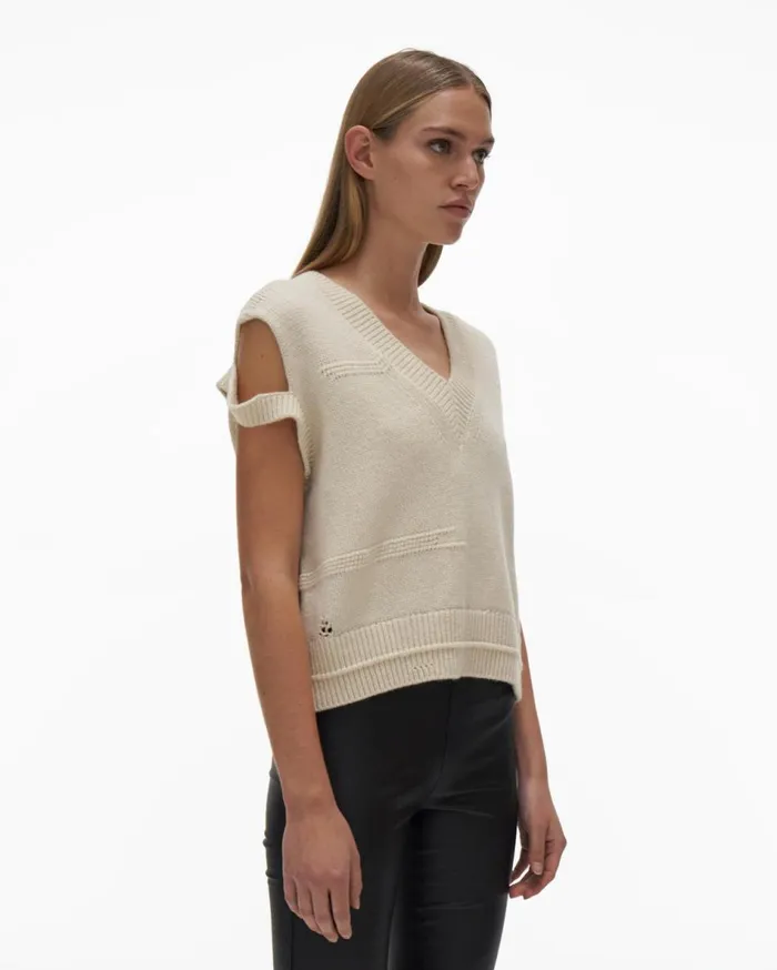 Sweaters Women Helmut Lang Distressed VNeck Sweater Ivory