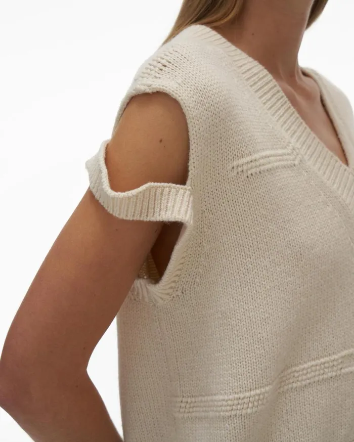 Sweaters Women Helmut Lang Distressed VNeck Sweater Ivory