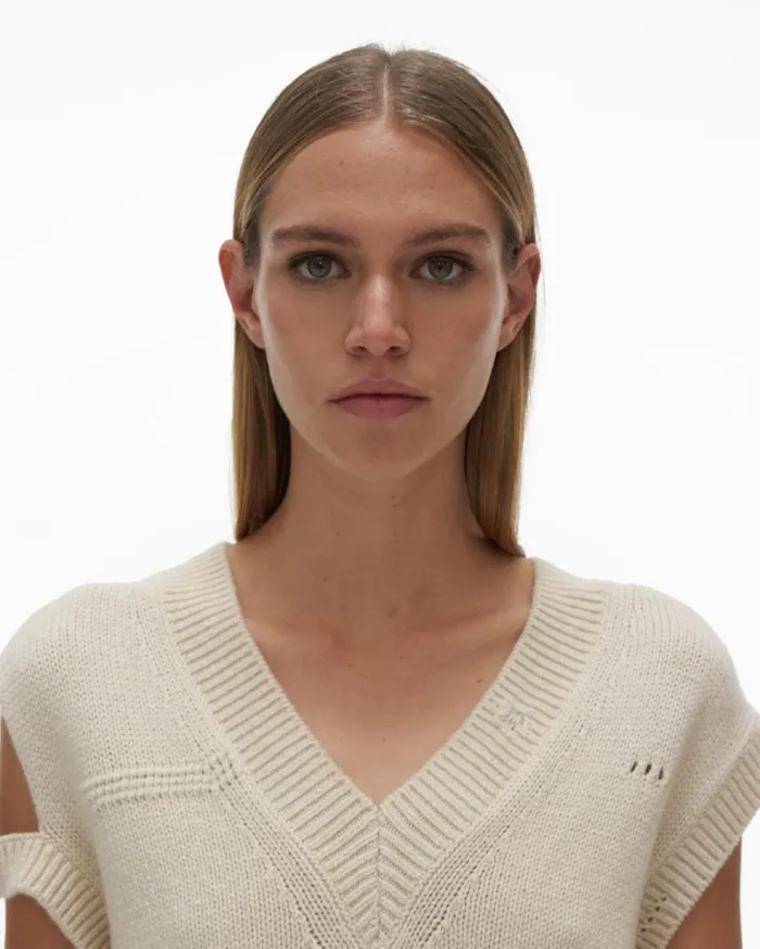 Sweaters Women Helmut Lang Distressed VNeck Sweater Ivory