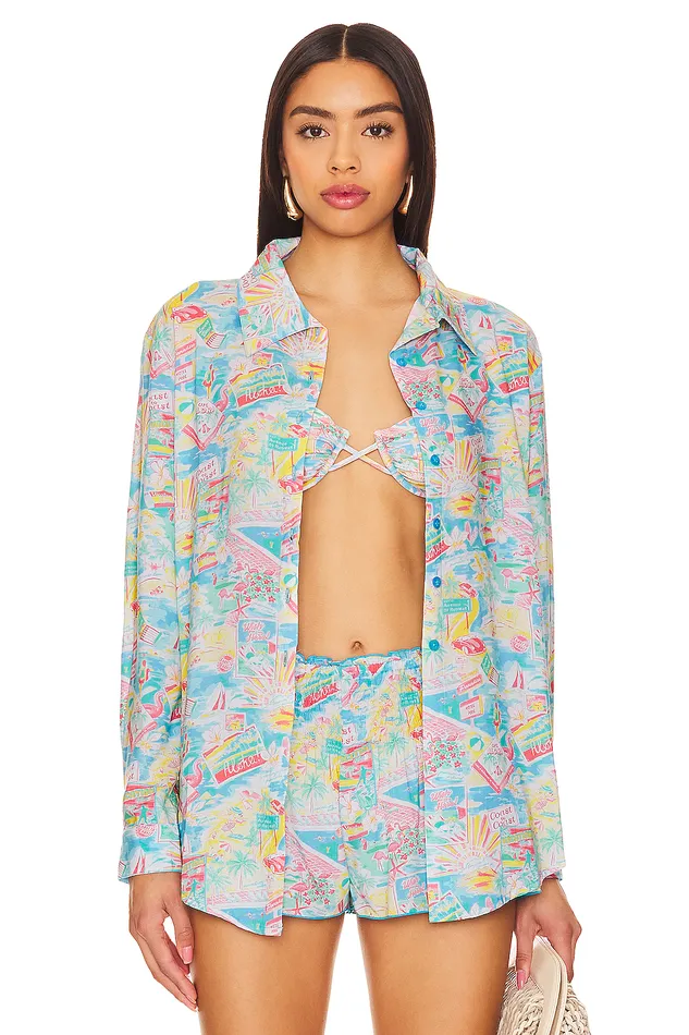 Swimsuits and CoverUps Women Lovers and Friends Groovy Delight Shirt Multi Blue Vacay Swimsuits and CoverUps Women Lovers and Friends Groovy Delight Shirt Multi Blue Vacay