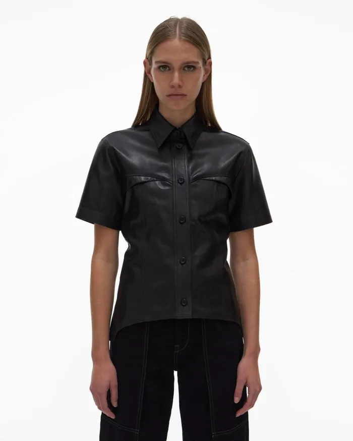 Tops Women Helmut Lang Leather Shirt Black