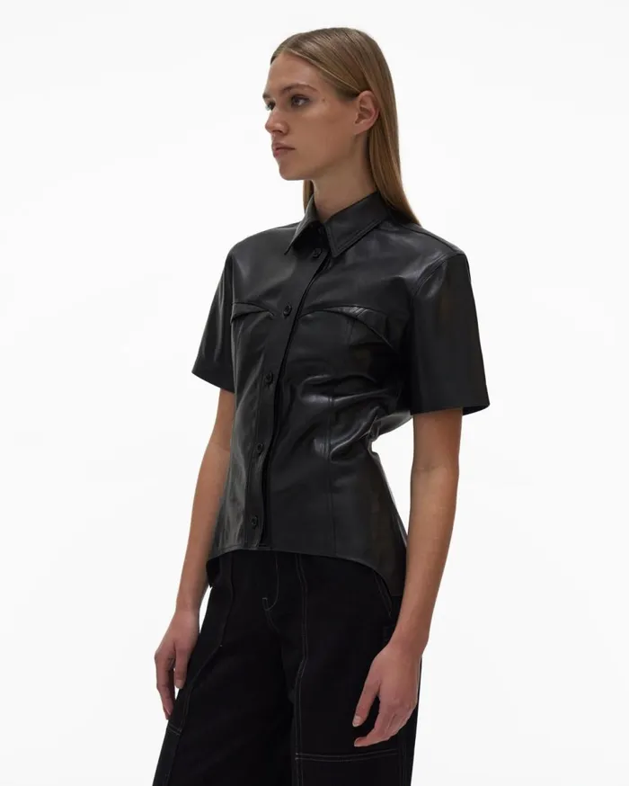 Tops Women Helmut Lang Leather Shirt Black