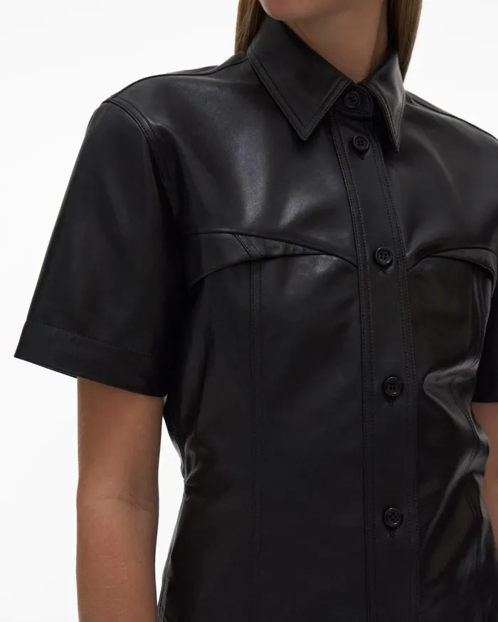 Tops Women Helmut Lang Leather Shirt Black