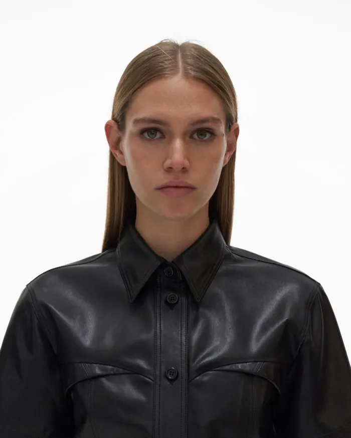 Tops Women Helmut Lang Leather Shirt Black