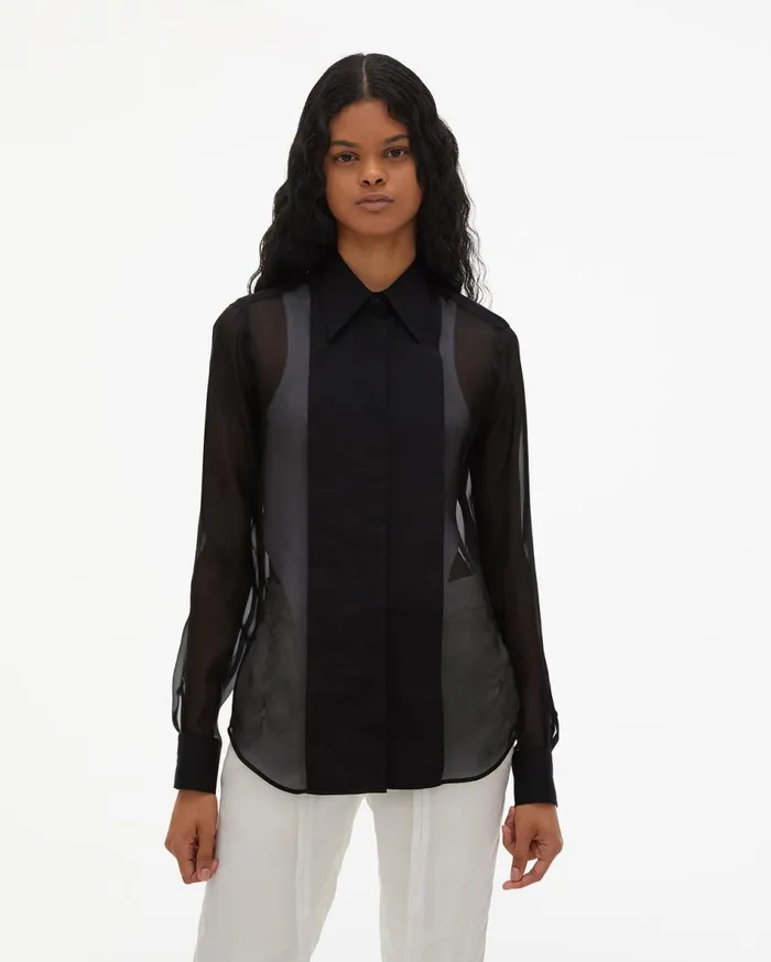 Tops Women Helmut Lang Sheer Tuxedo Shirt Black