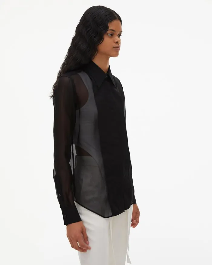 Tops Women Helmut Lang Sheer Tuxedo Shirt Black