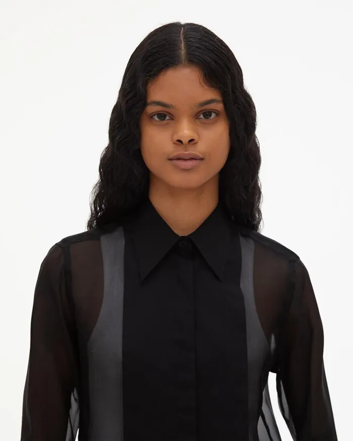 Tops Women Helmut Lang Sheer Tuxedo Shirt Black