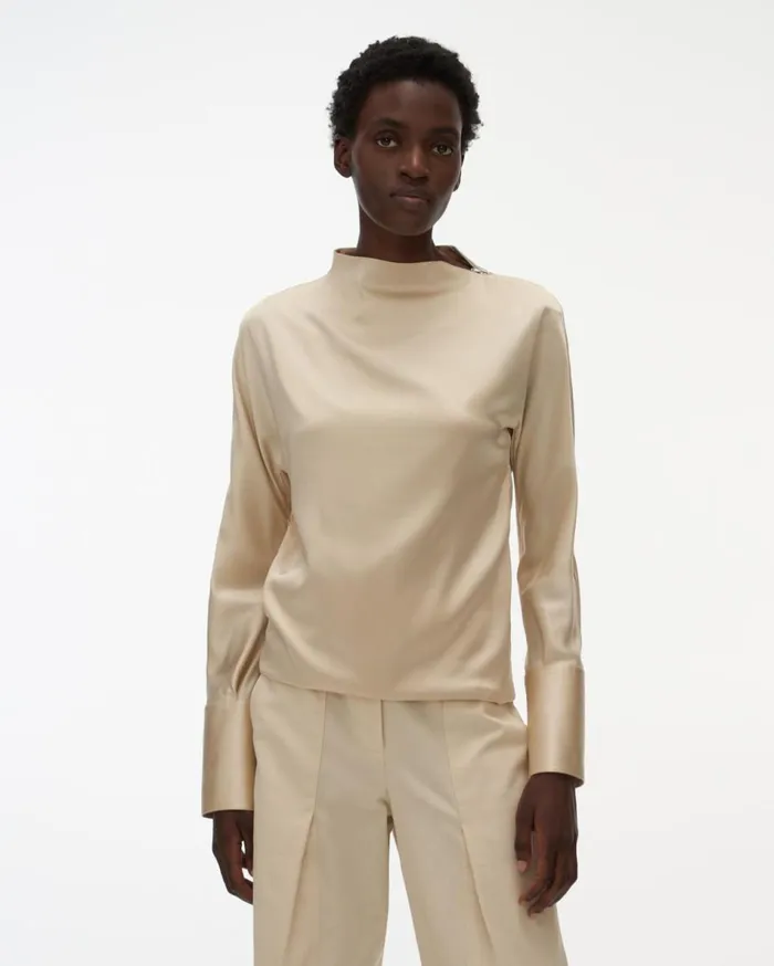 Tops Women Helmut Lang Silk LongSleeve Top Sea Pearl