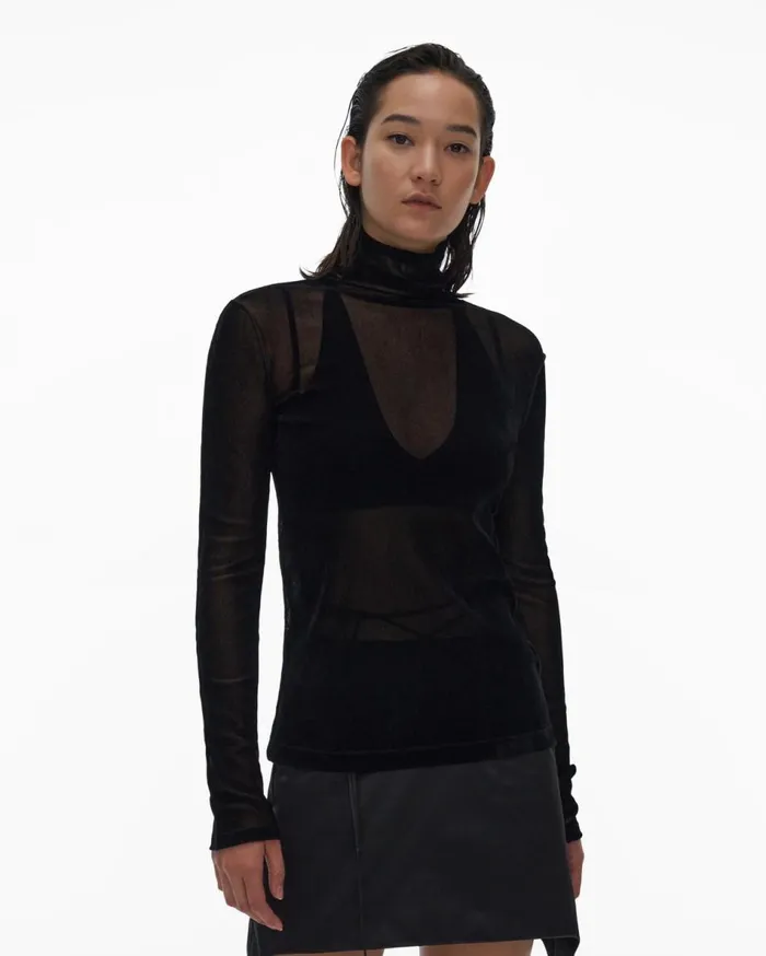Tops Women Helmut Lang Velvet Tulle Top Basalt Black