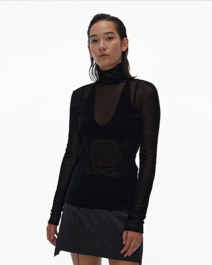 Tops Women Helmut Lang Velvet Tulle Top Basalt Black