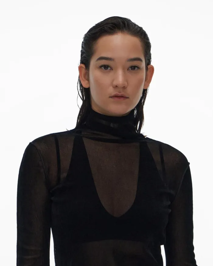 Tops Women Helmut Lang Velvet Tulle Top Basalt Black