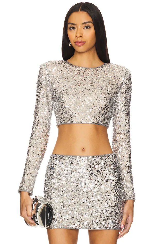 Tops Women Lovers and Friends Crystal Sequin Cropped Top Disco Silver