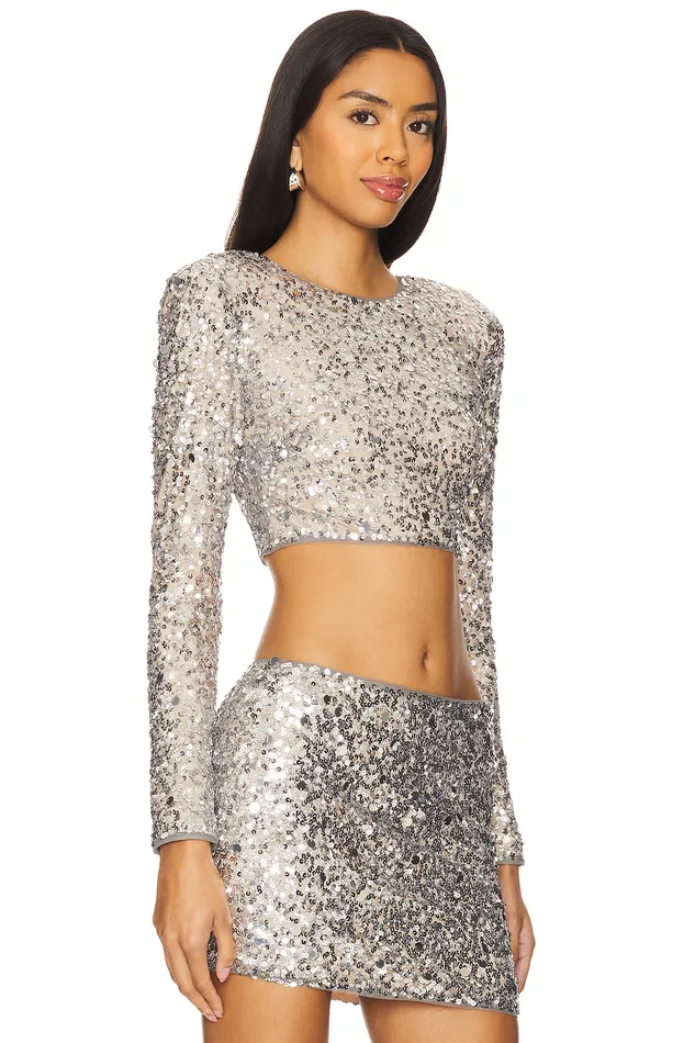 Tops Women Lovers and Friends Crystal Sequin Cropped Top Disco Silver Tops Women Lovers and Friends Crystal Sequin Cropped Top Disco Silver