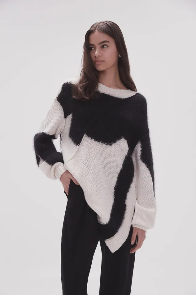 Women Addie Intarsia Knit Jumper Blackivory Aje Knitwear and Jumpers