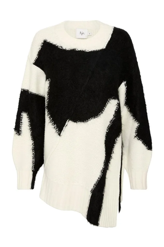 Women Addie Intarsia Knit Jumper Blackivory Aje Knitwear and Jumpers