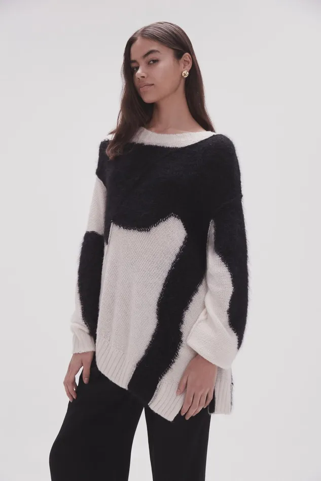 Women Addie Intarsia Knit Jumper Blackivory Aje Knitwear and Jumpers