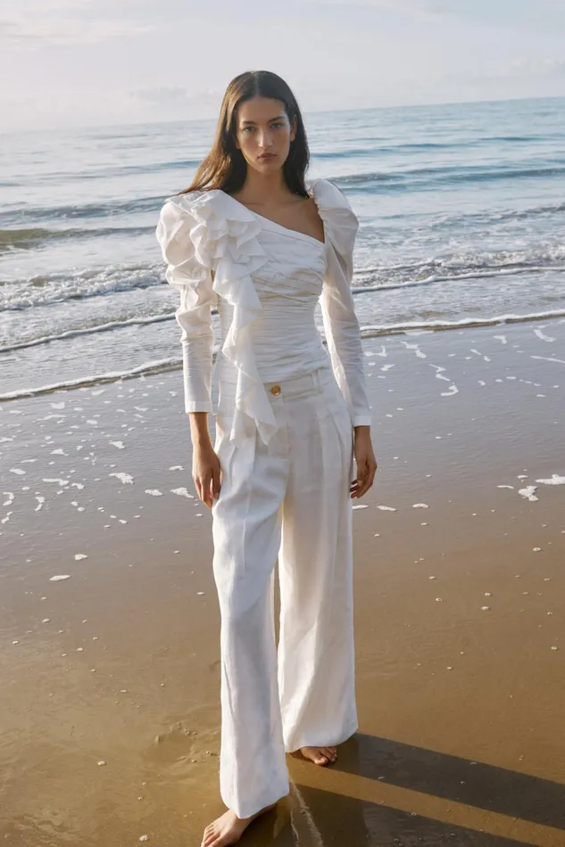 Women Adelia Ruffle Long Sleeve Top Ivory Aje Tops