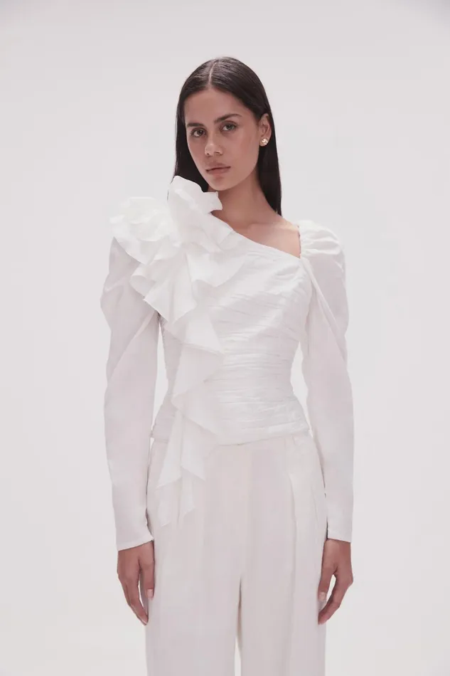 Women Adelia Ruffle Long Sleeve Top Ivory Aje Tops
