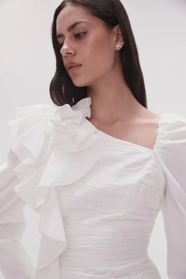 Women Adelia Ruffle Long Sleeve Top Ivory Aje Tops