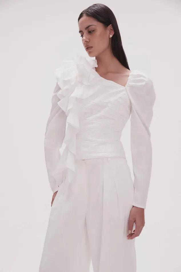 Women Adelia Ruffle Long Sleeve Top Ivory Aje Tops