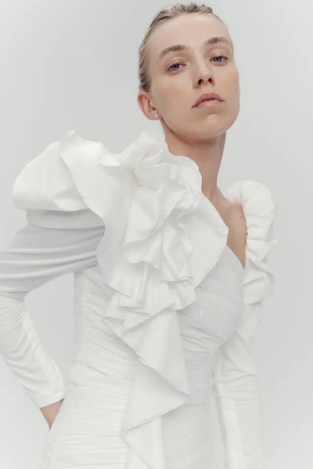 Women Adelia Ruffle Long Sleeve Top Ivory Aje Tops