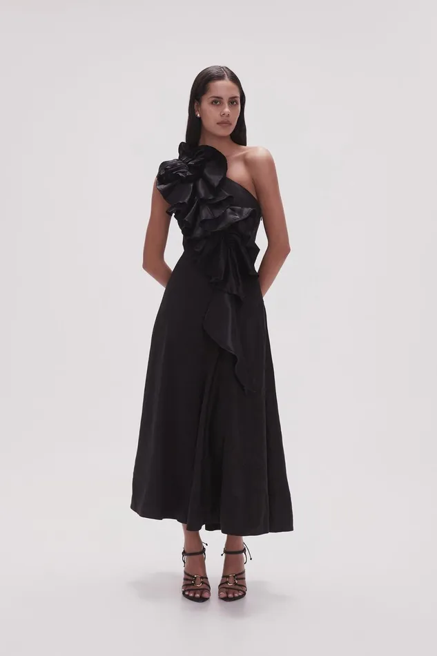 Women Adelia Ruffle Midi Dress Black Aje Dresses