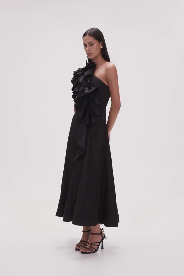 Women Adelia Ruffle Midi Dress Black Aje Dresses