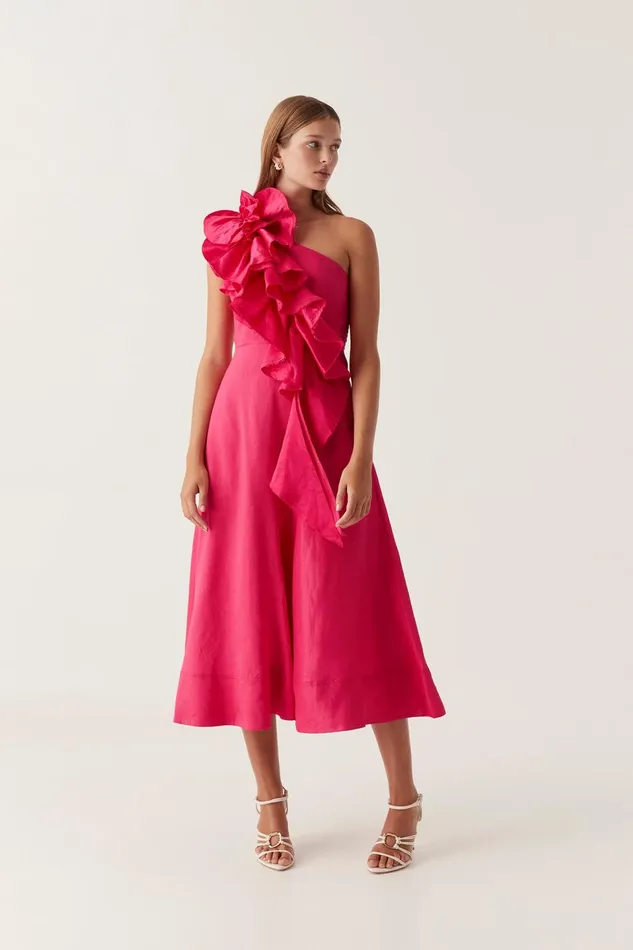 Women Adelia Ruffle Midi Dress Bougainvillea Red Aje Dresses