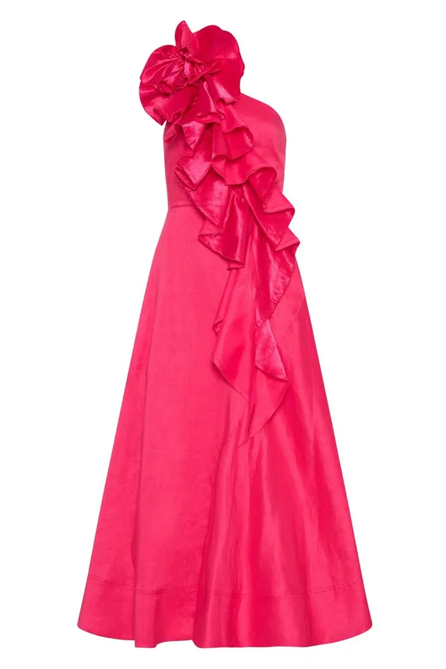 Women Adelia Ruffle Midi Dress Bougainvillea Red Aje Dresses