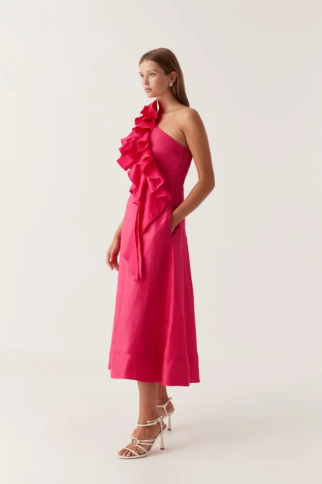 Women Adelia Ruffle Midi Dress Bougainvillea Red Aje Dresses