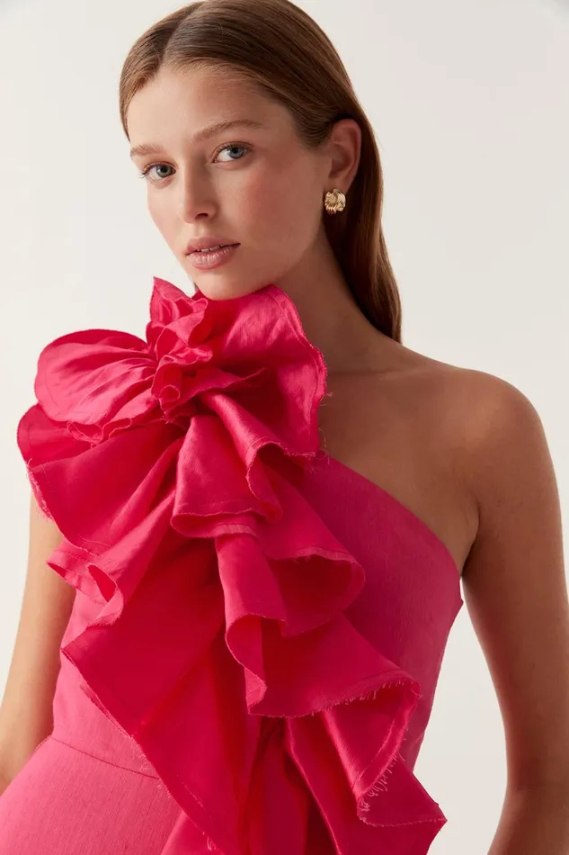 Women Adelia Ruffle Midi Dress Bougainvillea Red Aje Dresses
