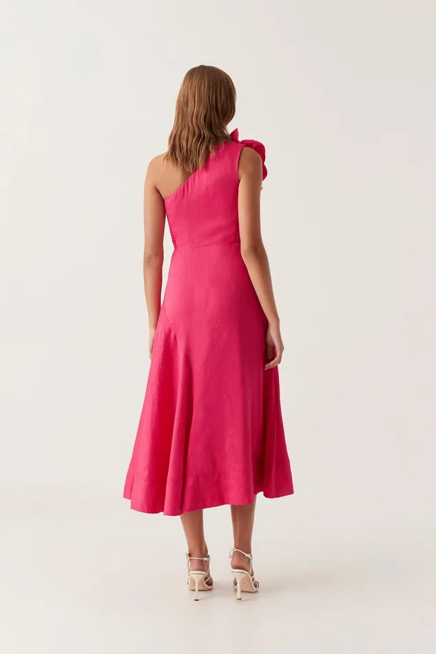 Women Adelia Ruffle Midi Dress Bougainvillea Red Aje Dresses