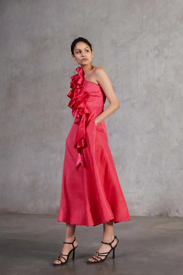 Women Adelia Ruffle Midi Dress Bougainvillea Red Aje Dresses