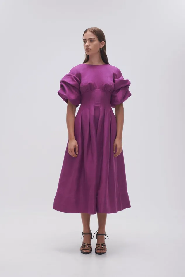 Women Adelie Puff Sleeve Midi Dress Plum Purple Aje Dresses