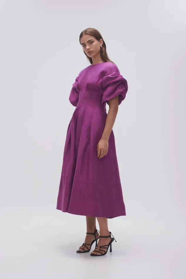 Women Adelie Puff Sleeve Midi Dress Plum Purple Aje Dresses