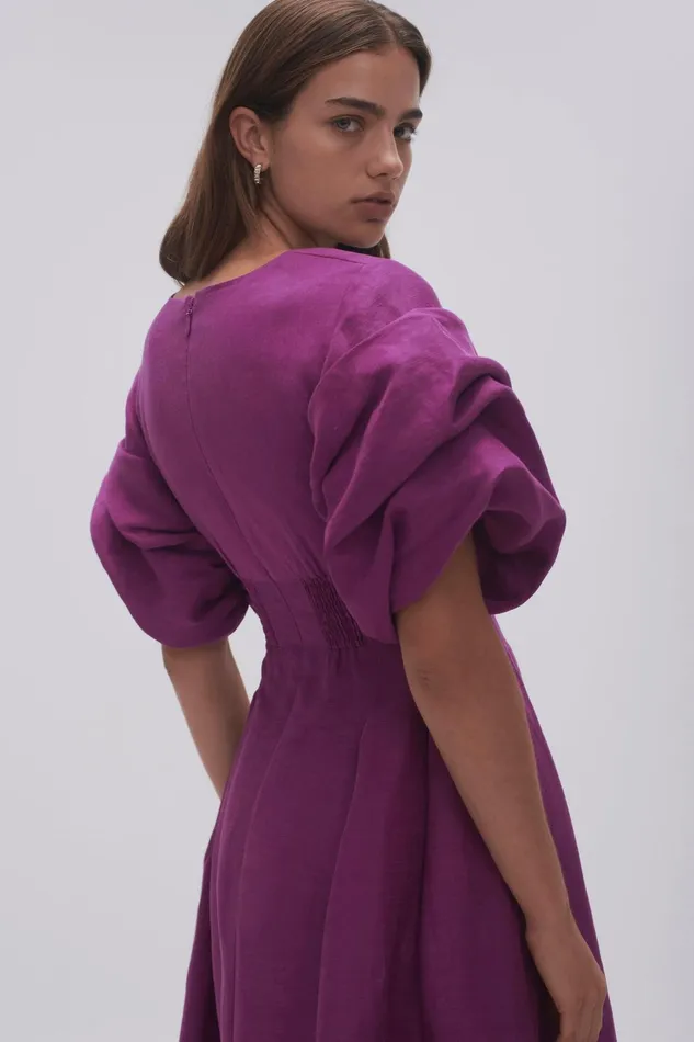 Women Adelie Puff Sleeve Midi Dress Plum Purple Aje Dresses