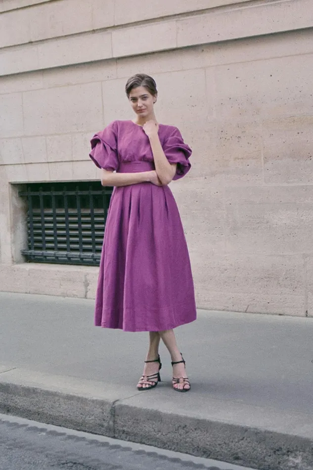 Women Adelie Puff Sleeve Midi Dress Plum Purple Aje Dresses