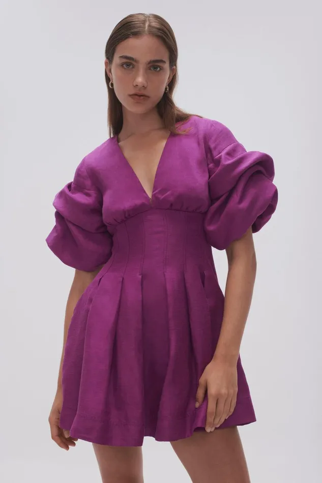 Women Adelie Puff Sleeve Mini Dress Plum Purple Aje Dresses