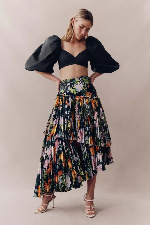Women Alice Pleated Asymmetric Midi Skirt Midnight Floral Aje Skirts