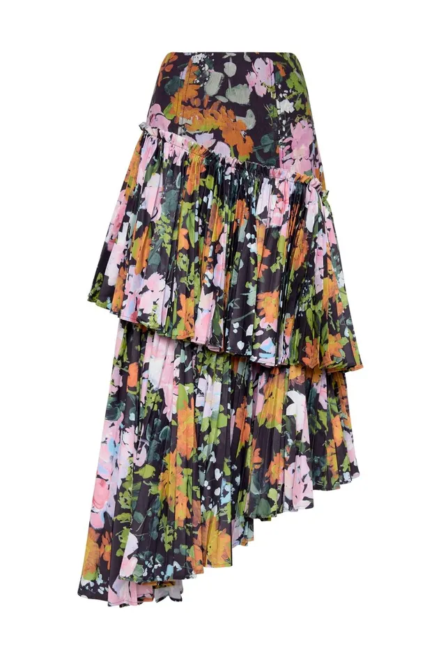 Women Alice Pleated Asymmetric Midi Skirt Midnight Floral Aje Skirts