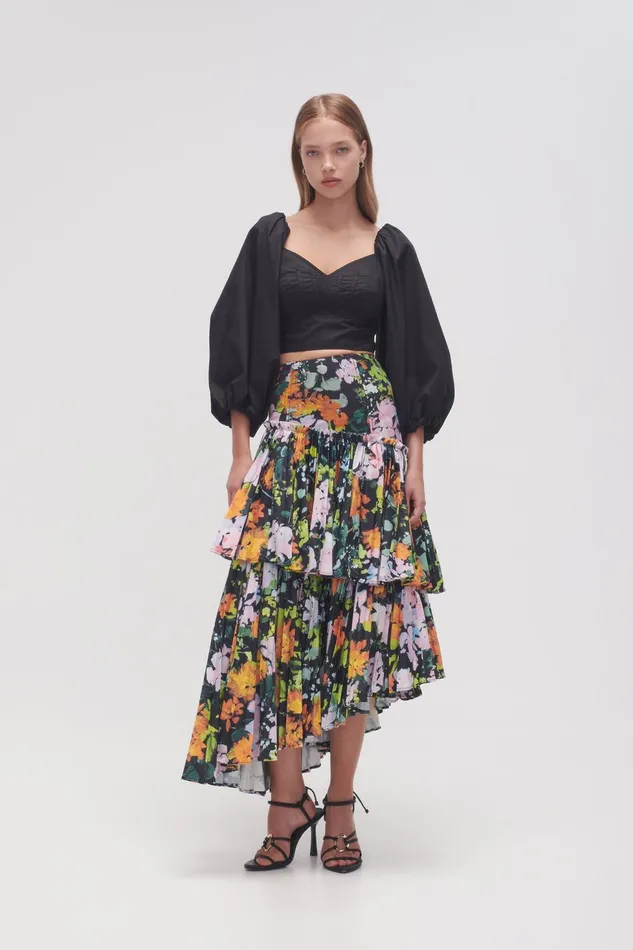 Women Alice Pleated Asymmetric Midi Skirt Midnight Floral Aje Skirts