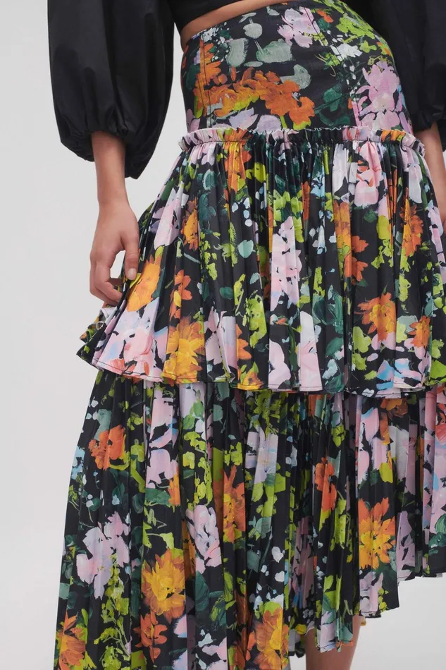 Women Alice Pleated Asymmetric Midi Skirt Midnight Floral Aje Skirts