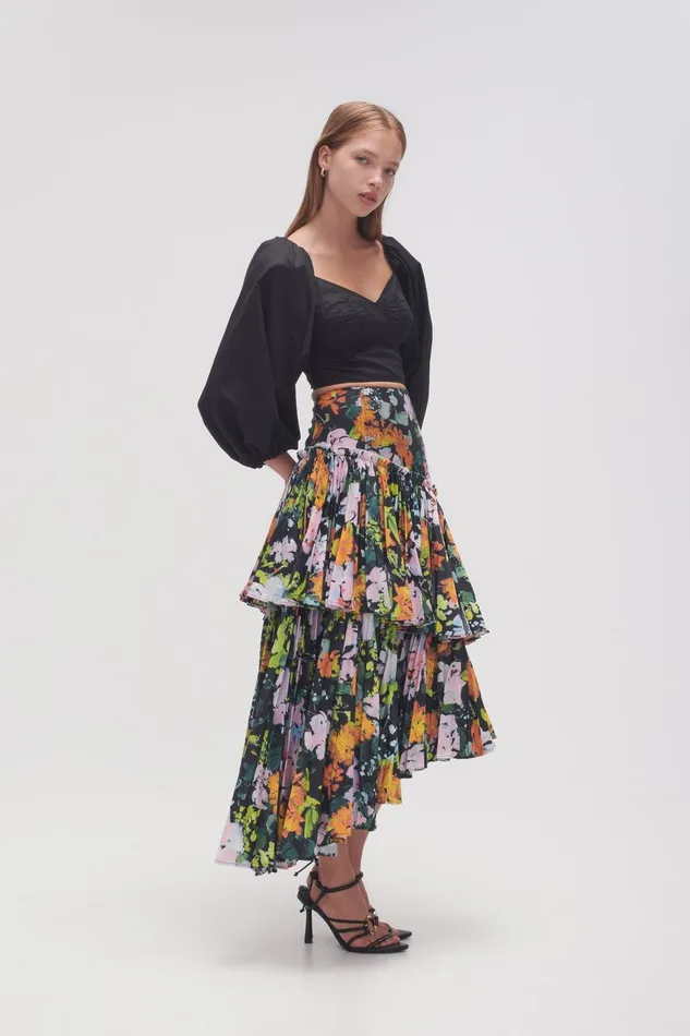 Women Alice Pleated Asymmetric Midi Skirt Midnight Floral Aje Skirts