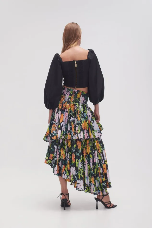 Women Alice Pleated Asymmetric Midi Skirt Midnight Floral Aje Skirts