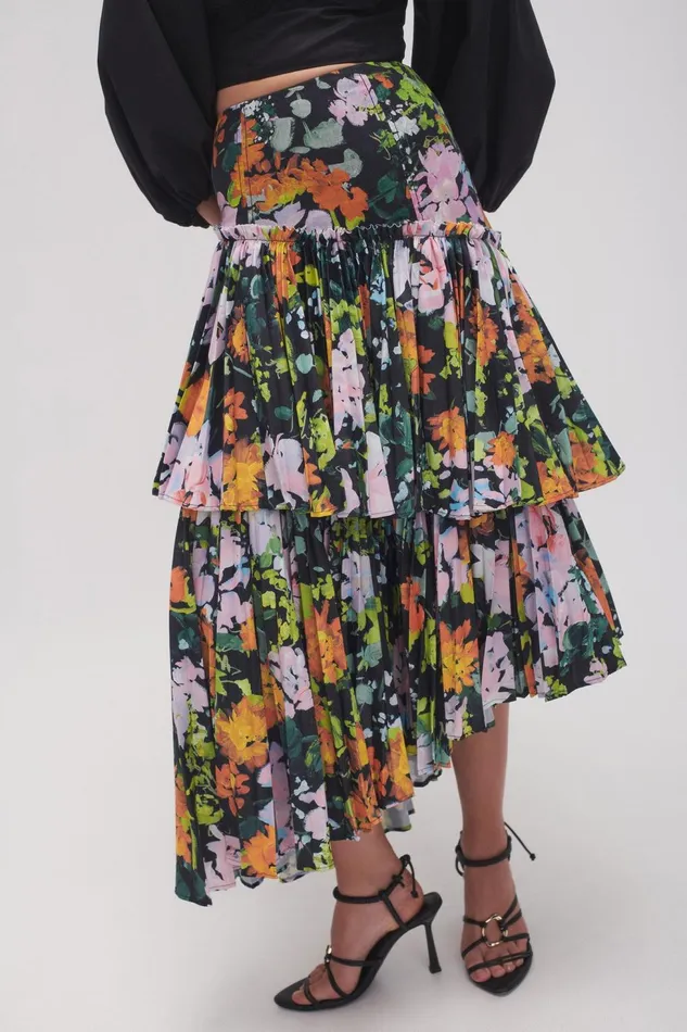Women Alice Pleated Asymmetric Midi Skirt Midnight Floral Aje Skirts