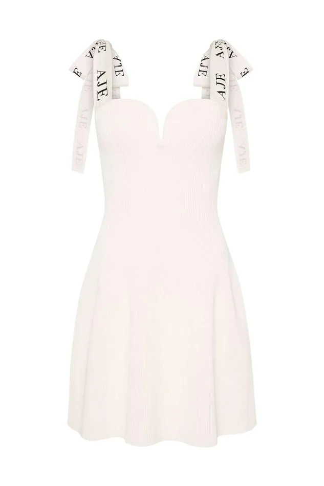 Women Amber Knit Tie Shoulder Mini Dress Ivory Aje Dresses