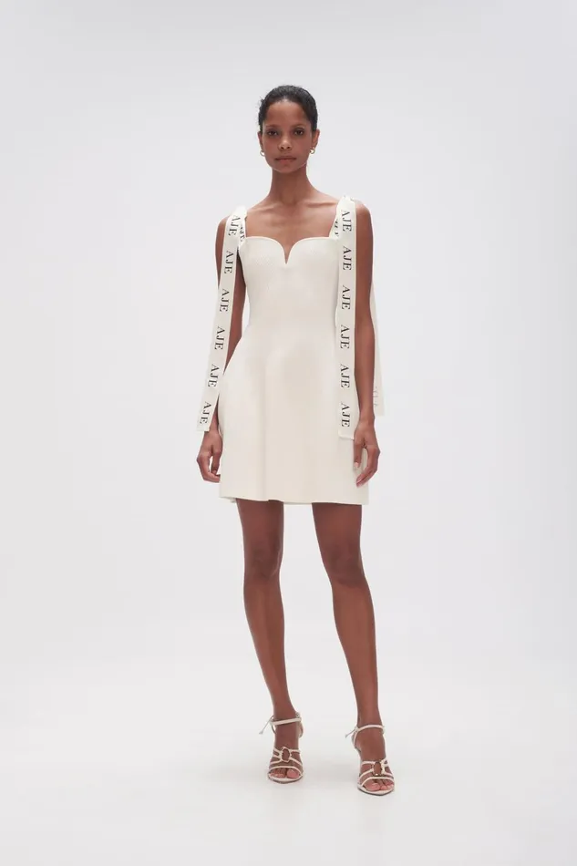 Women Amber Knit Tie Shoulder Mini Dress Ivory Aje Dresses