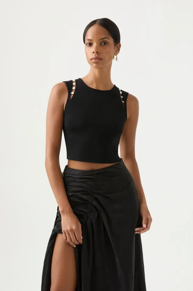 Women Analemma Pearl Knit Top Black Aje Body and Crepe Knit