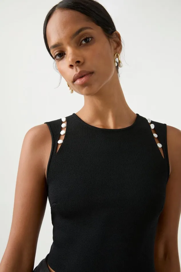 Women Analemma Pearl Knit Top Black Aje Body and Crepe Knit